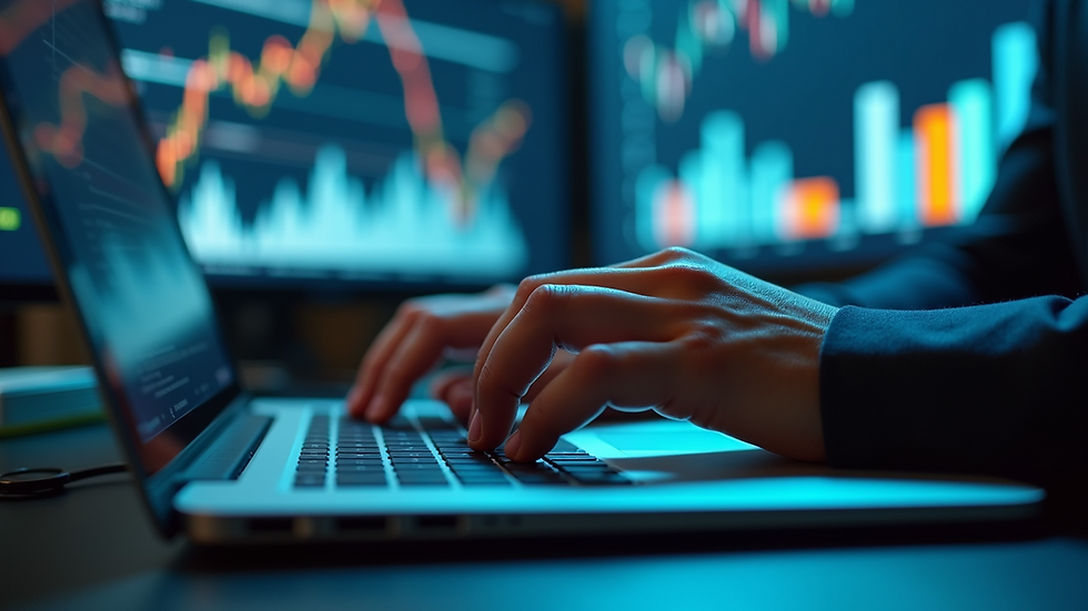 Close-up view of a person typing on a keyboard with data analysis charts in the background