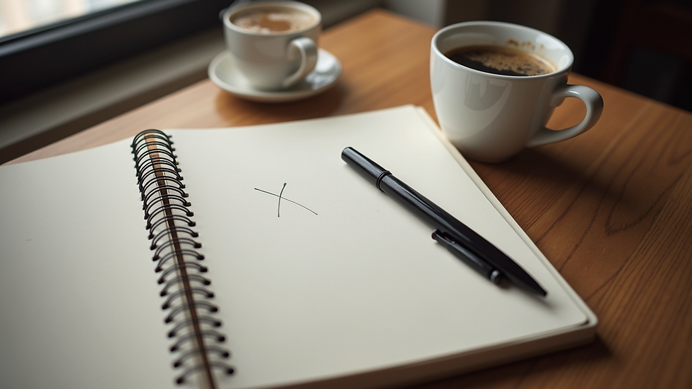 Overhead view of a notebook with a pen and a cup of coffee