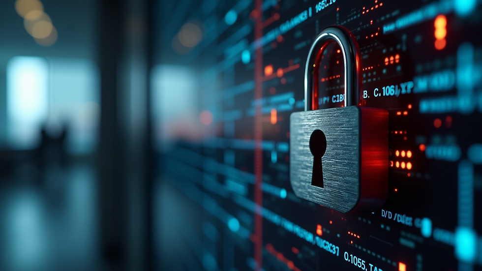 Close-up view of a computer security lock displaying digital threat alerts