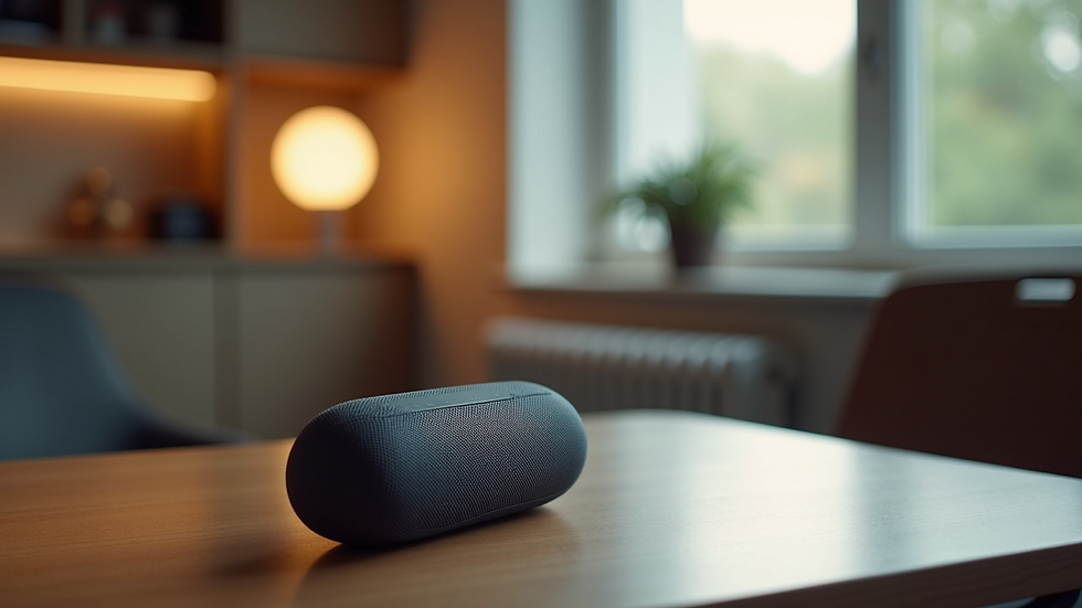 Close-up view of a smart speaker on a table