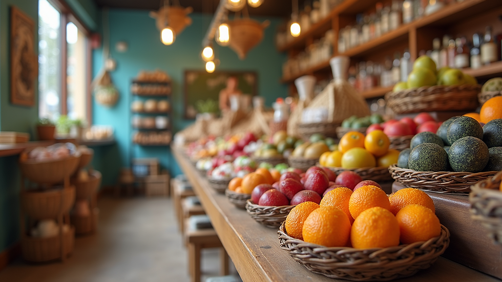Eye-level view of a colorful display of assorted products showcasing a shop's offerings