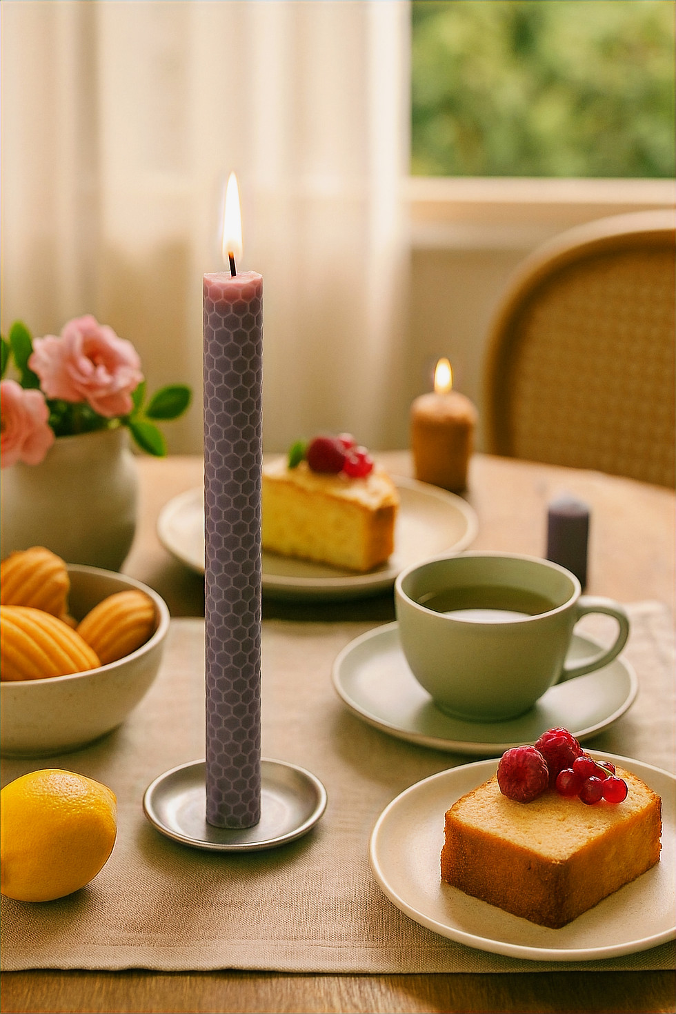 Vela lilás de cera de abelha tingida naturalmente, padrão favo de mel, feita à mão, ideal para oração e decoração sofisticada