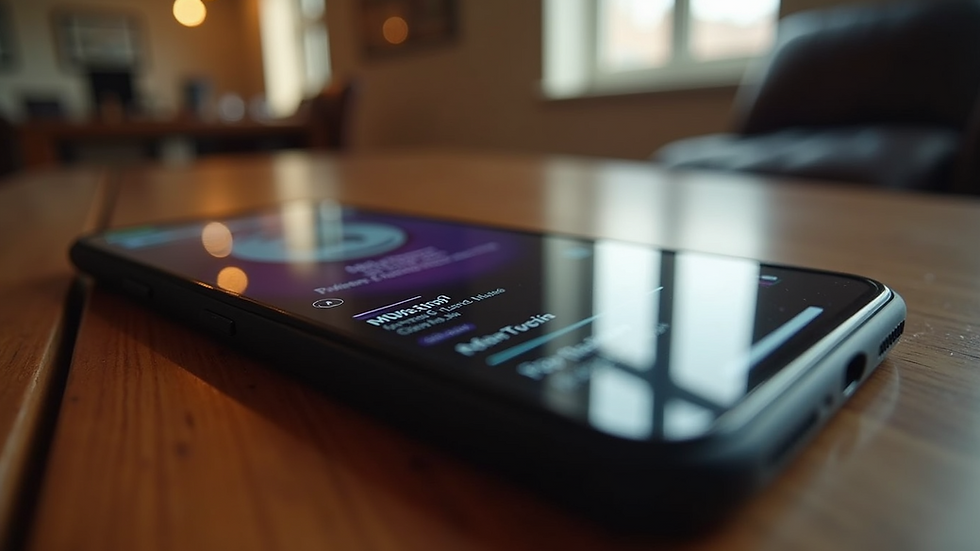 Eye-level view of a smartphone displaying a music streaming app