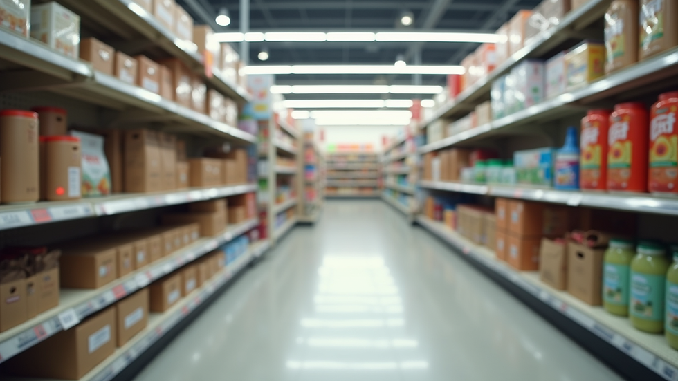 Eye-level view of a store aisle with discounted home goods neatly arranged
