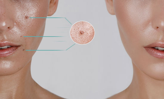 before and after excision of a nevus spots on a woman's cheek with a laser in a cosmetolog