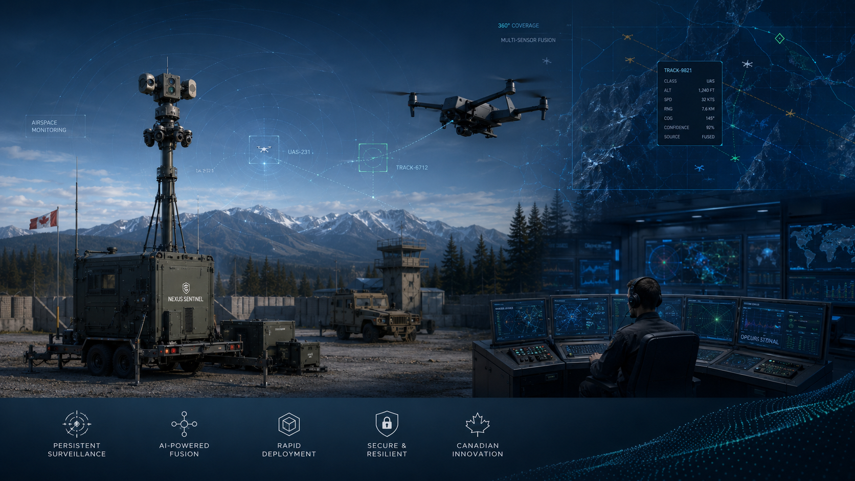 NexusFauna ecosystem — NexusSentinel mast, NexusNav UAS, and operator command station with fused tracks