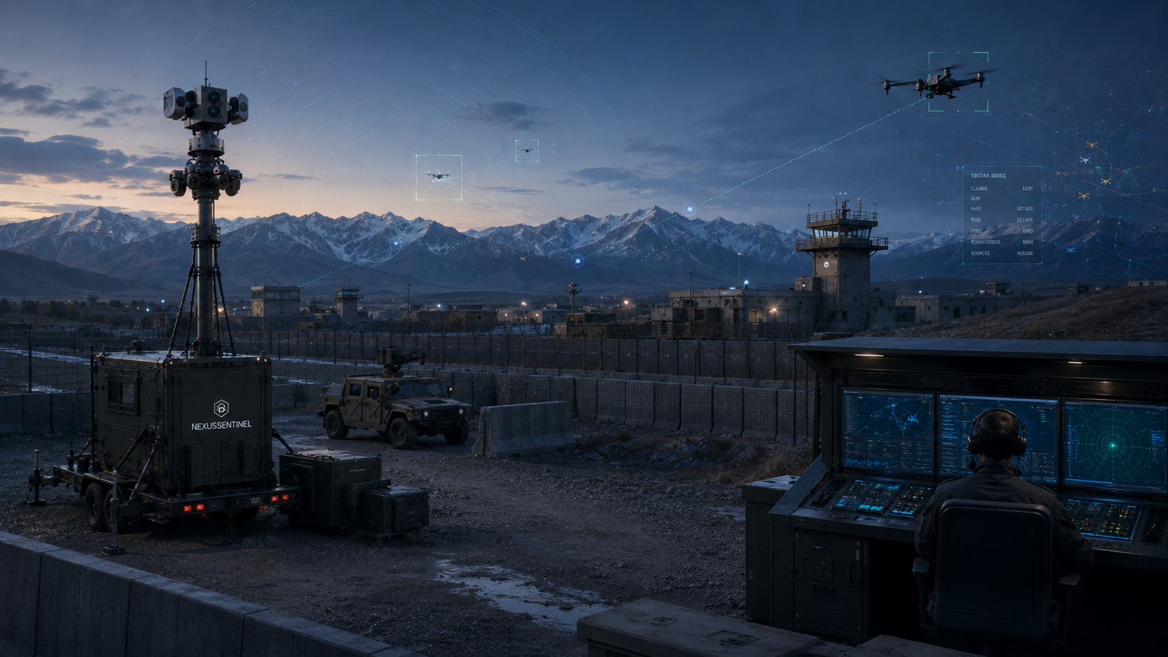 NexusSentinel on a defended forward operating base at dusk