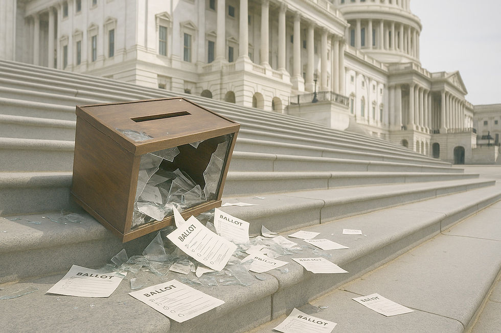 A ballot box, cracked and broken, lies on the steps of the U.S. Capitol Building, with ballots spread all around.
