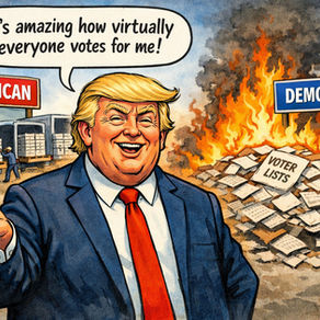 A politician brags about election results while voter lists burn in the background