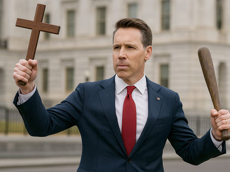 Josh Hawley holds a cross in one hand and a cudgel in the other, ready to implement Christianity by force.