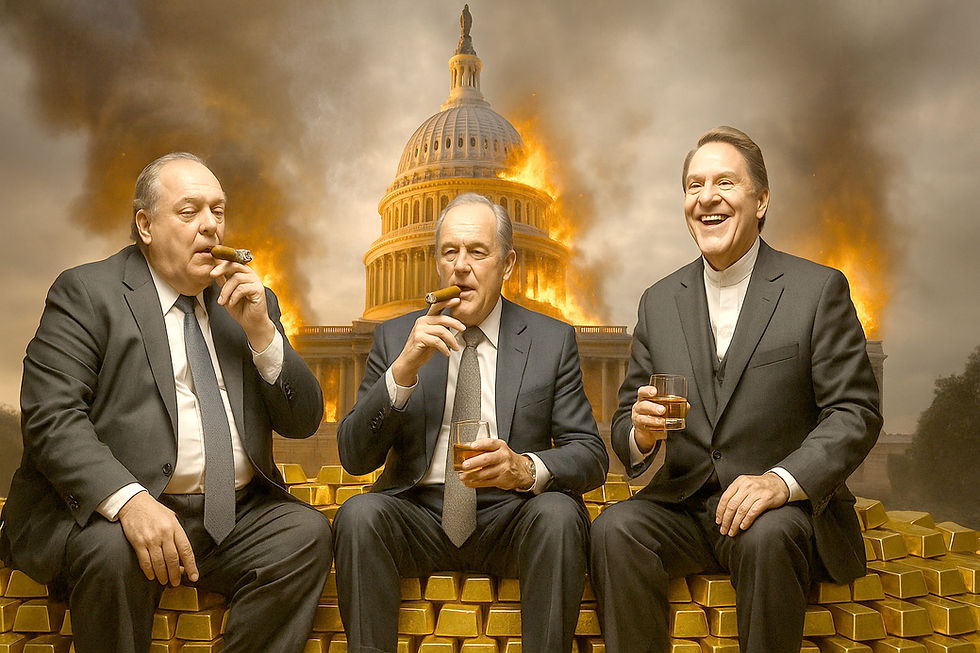The wealthy elite and televangelists celebrate on a pile of gold bricks while the U.S. Capitol Building burns in the background
