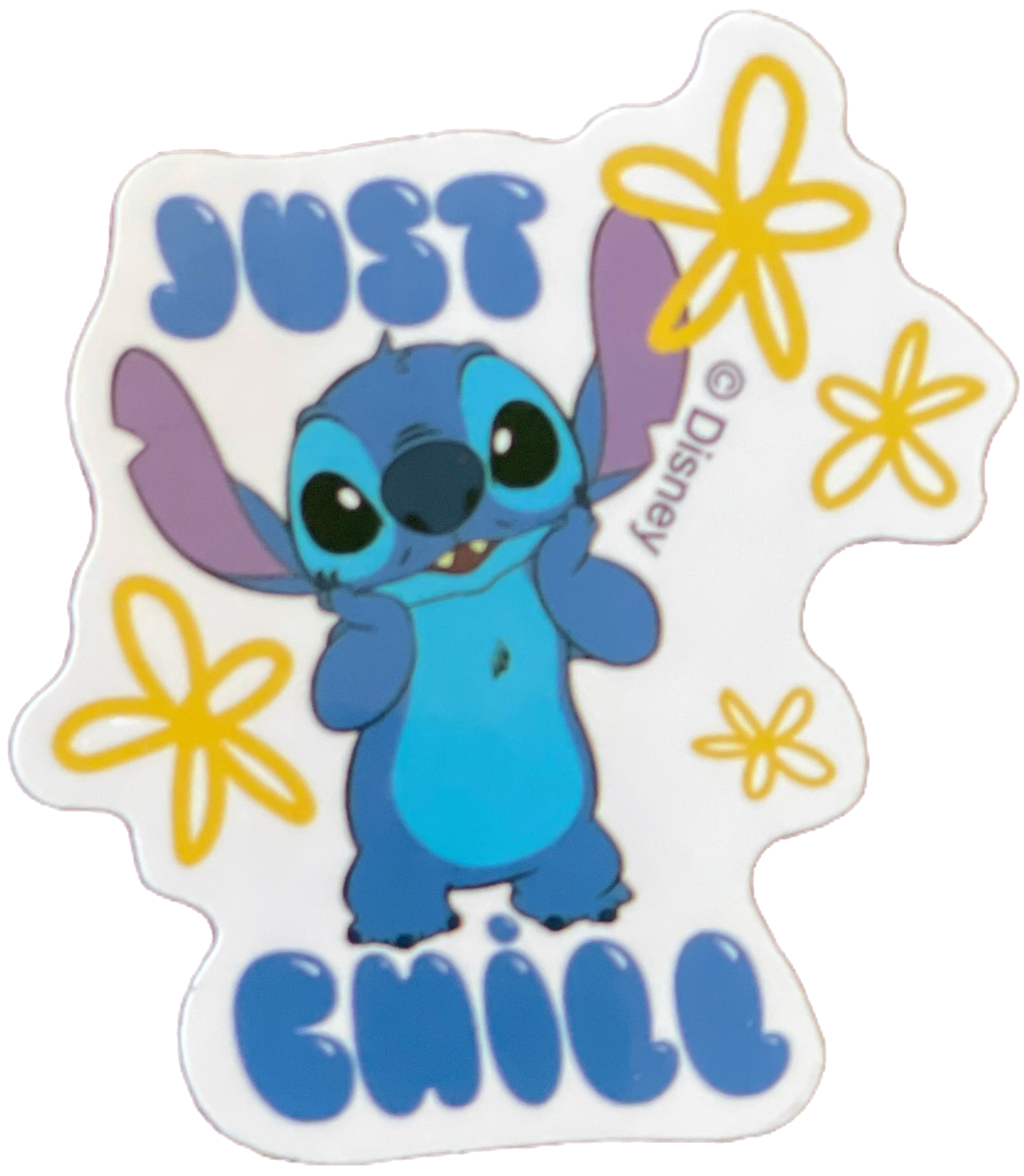 Stitch, the Disney character, says "JUST CHILL" with yellow flower details around.