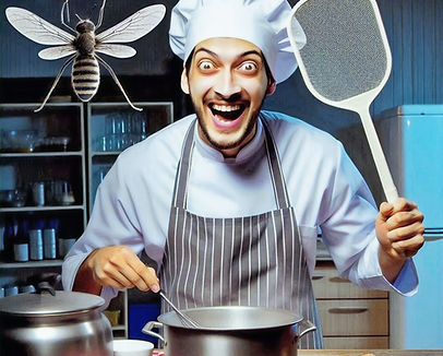 Commercial Kitchen Chef with fly squatter lights up when hears of new flyscreens