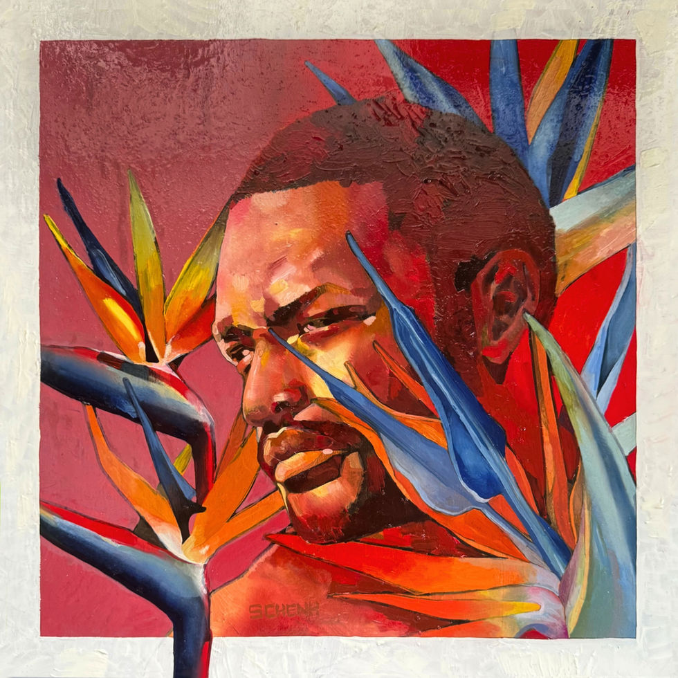 Contemporary portrait oil painting  of a handsome man against a background of birds of paradise from Miami artist Ricky Schenk.