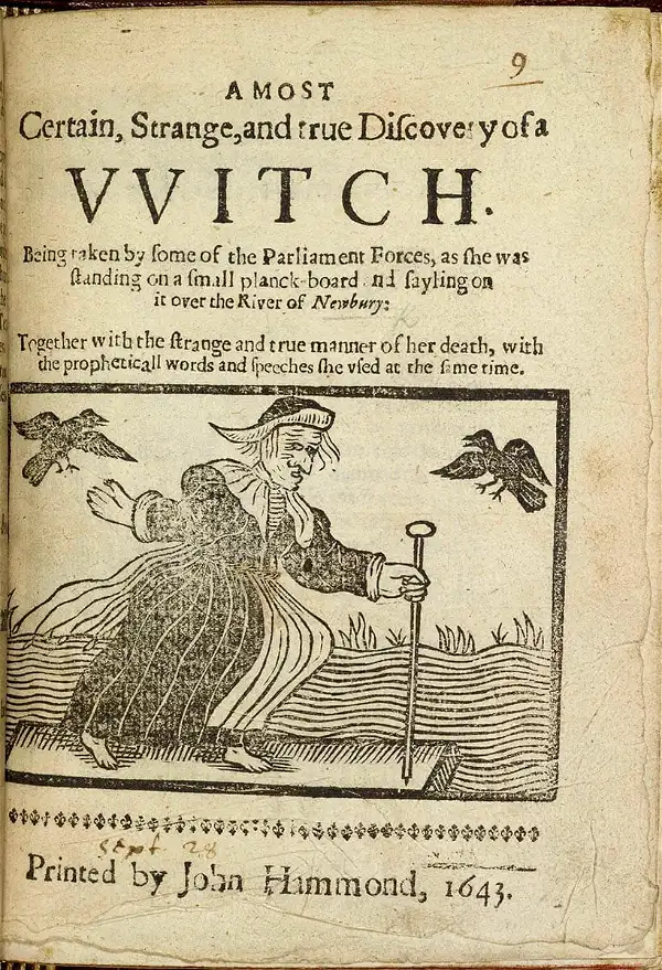 Página de título do livro "The Discovery of witches" do caçador de bruxas Matthew Hopkins , 1647, da biblioteca britânica, Londres, via National Archives UK