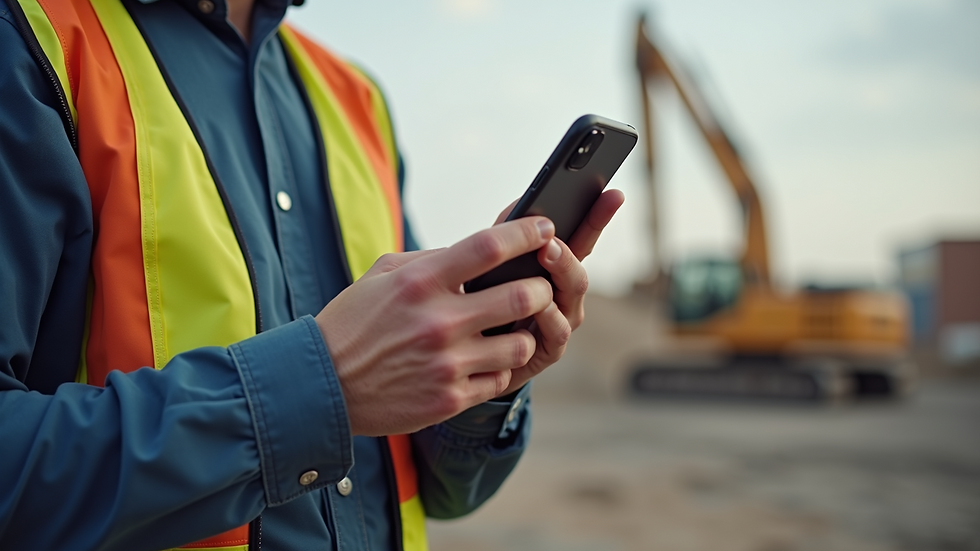 Close-up view of a construction manager using a smartphone on site