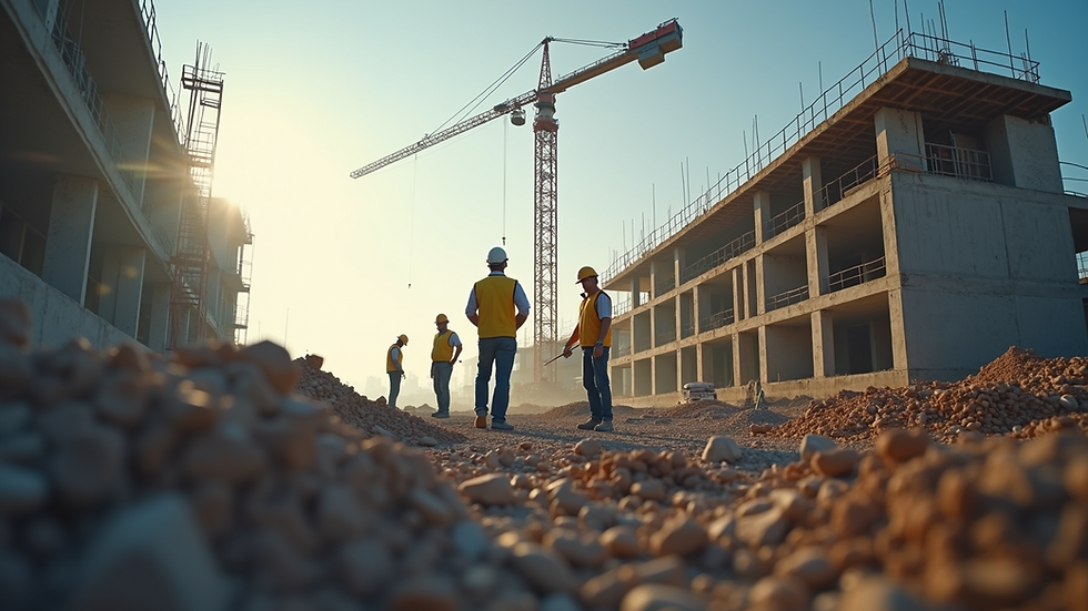 Eye-level view of a construction site with workers coordinating tasks