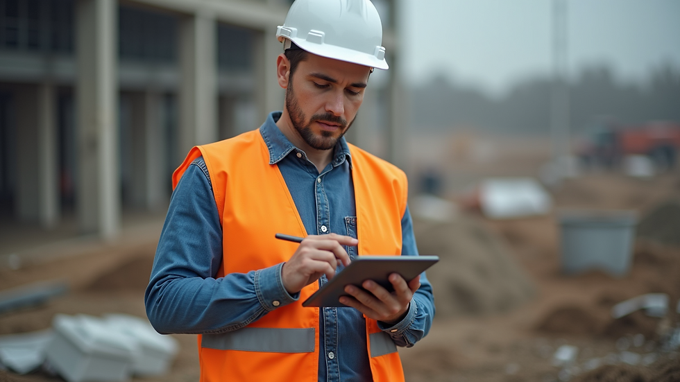 High angle view of a construction manager using a tablet on site
