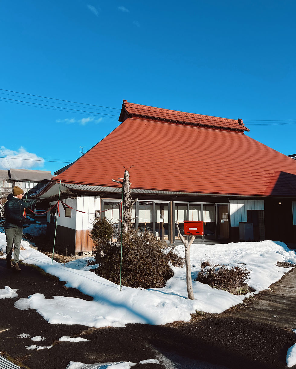 A person walks past a red-roofed house in a snowy setting with a clear blue sky. A red mailbox is visible in front.