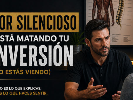 Quiropráctico conversando con paciente en consulta, representando el proceso de toma de decisión y conversión en cuidado quiropráctico.