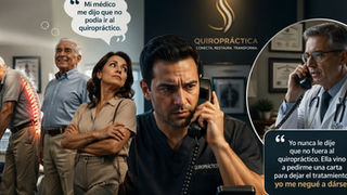Quiropráctico hablando por teléfono en consulta mientras una paciente escéptica observa con brazos cruzados y un paciente mayor muestra mejora física, ilustrando el conflicto cuando un paciente dice que su médico le prohibió ir al quiropráctico.