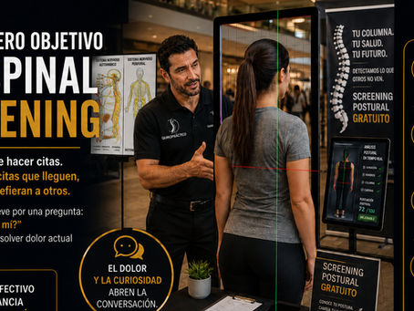 Doctor quiropráctico realizando un spinal screening en un centro comercial, explicando una evaluación postural a una persona frente a un posturómetro, con afiches del sistema nervioso y mensajes sobre conversión, adherencia y referidos.