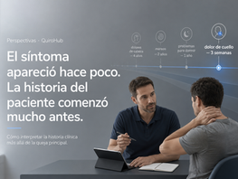 Quiropráctico conversa con un paciente sobre dolor de cuello mientras una línea de tiempo muestra dolores de cabeza, mareos, problemas para dormir y síntomas previos presentes durante años.