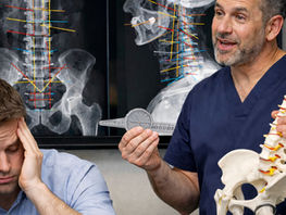 Quiropráctico explicando radiografías espinales con líneas de análisis tipo Gonstead en un monitor digital, mientras sostiene un modelo de columna y un goniómetro; el paciente se masajea las sienes mostrando sobrecarga mental por exceso de explicación.