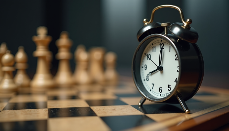 Close-up view of chess clock and board during a timed game