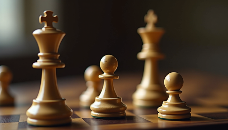 Eye-level view of a vintage chessboard with classic Staunton pieces