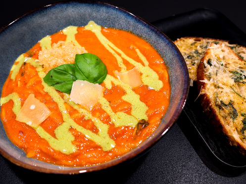 Tomato & Red Pepper Soup with Risoni and Basil Cream