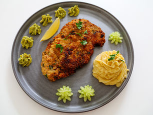 Chicken Schnitzel with Mashed Potatoes and Green Pea-Mayonnaise