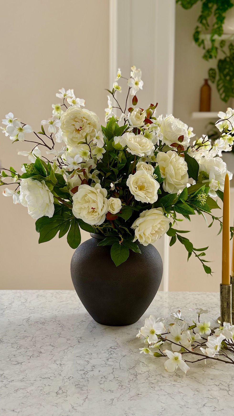Thumbnail: soft white peony rose dogwood flowers arrangement in stylish black vase - whispering-lily