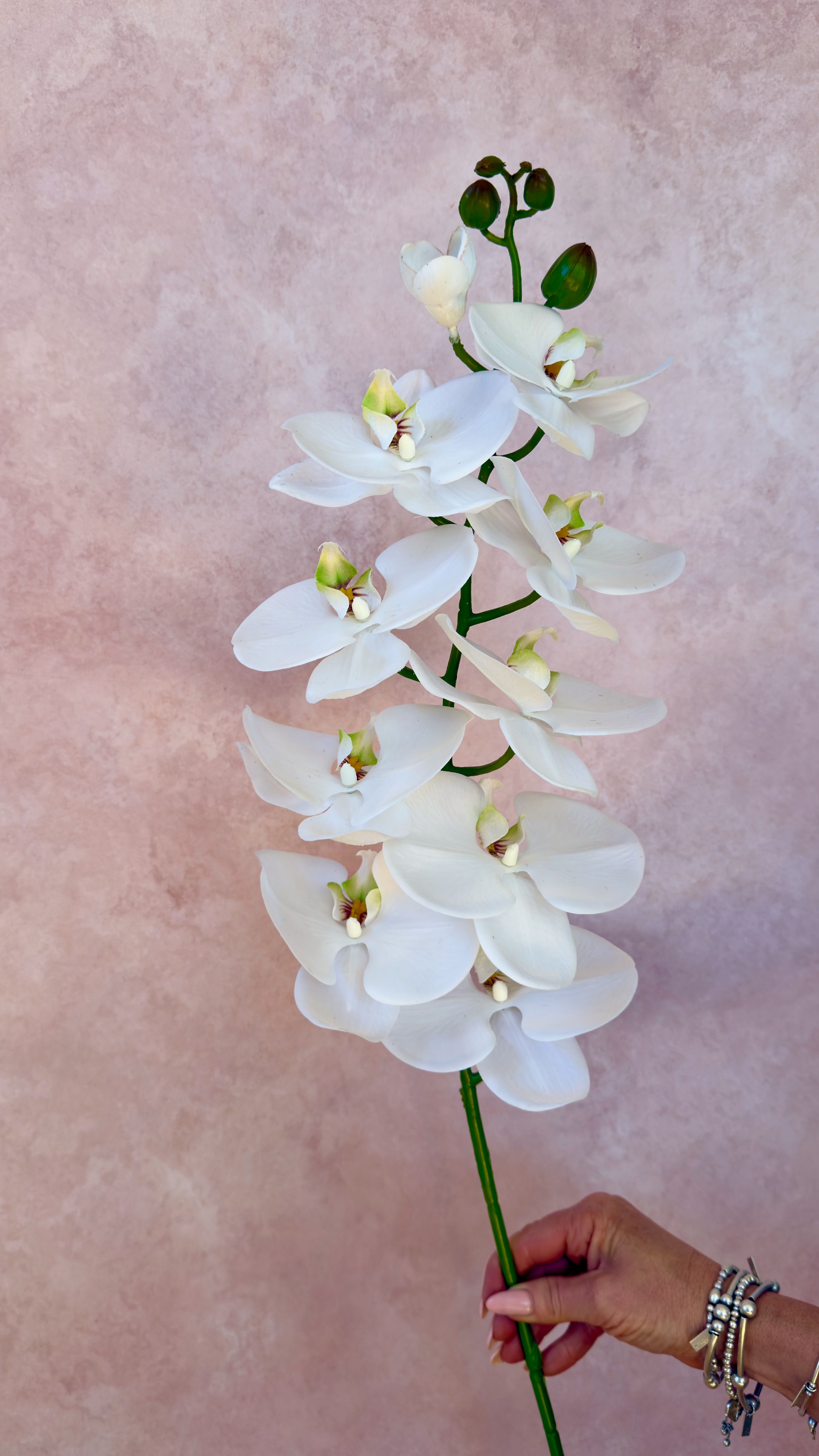 White real touch phalaenopsis orchid stem with 9 lifelike blooms, luxury artificial orchid by Whispering Lily