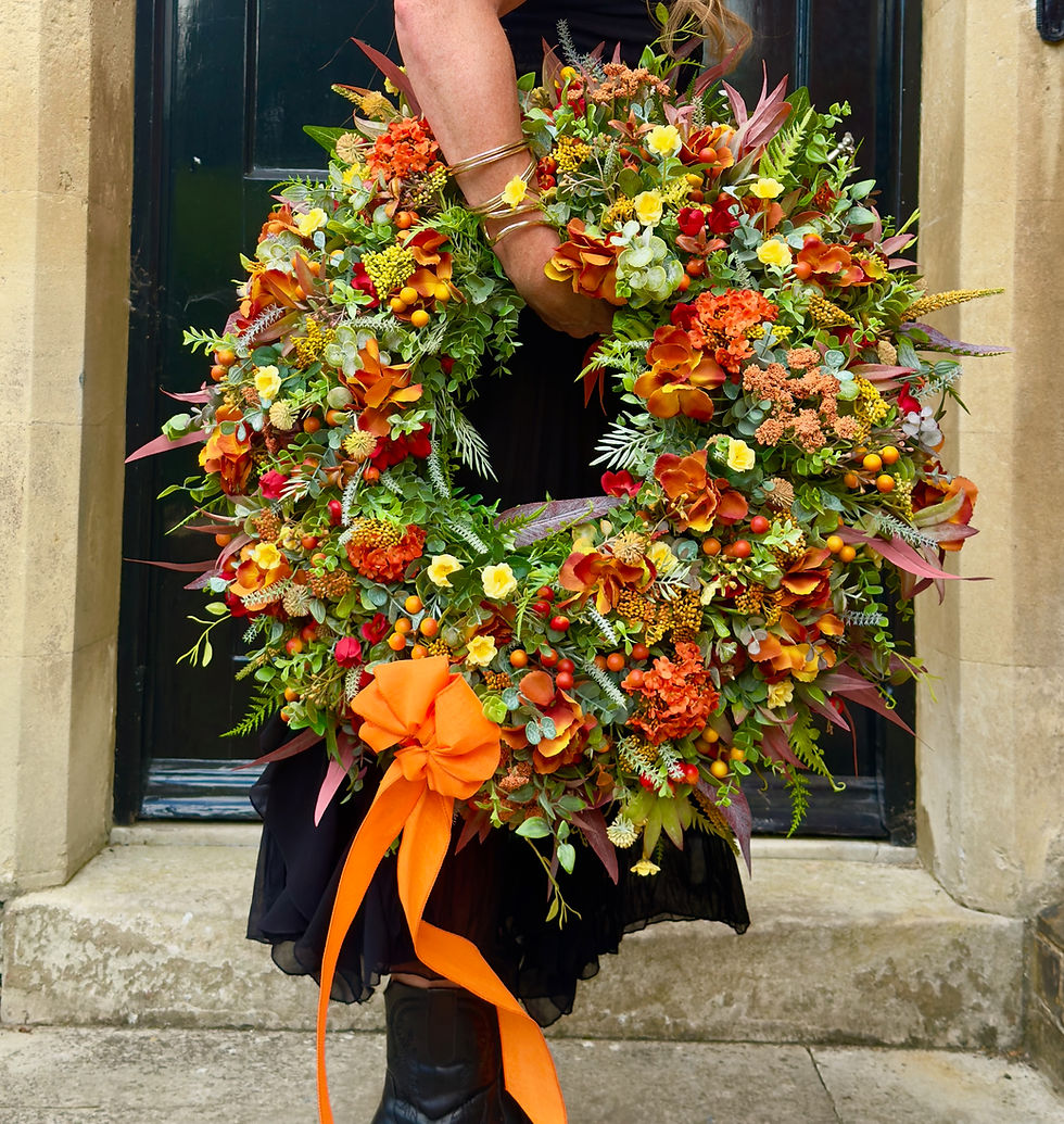 Thumbnail: A Touch of Autumn luxury handmade autumn wreath by Whispering Lily featuring burnt orange hydrangeas, autumn foliage, eucalyp