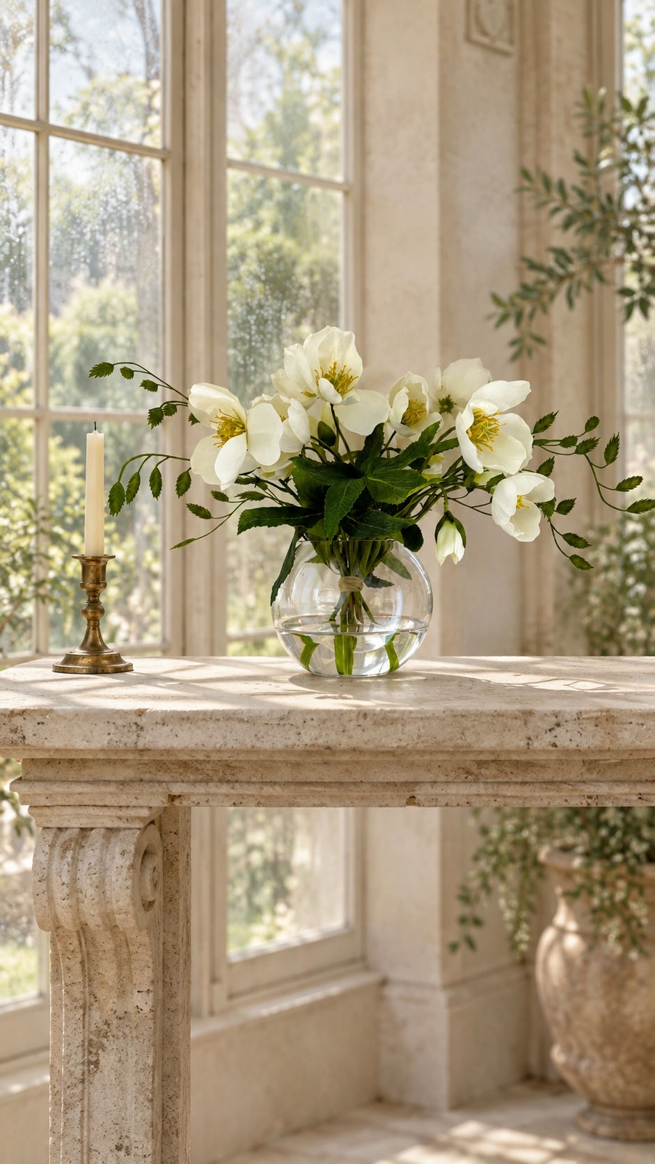Whispering Hellebore 360-degree faux water arrangement with realistic white hellebore flowers, golden centres and trailing gr