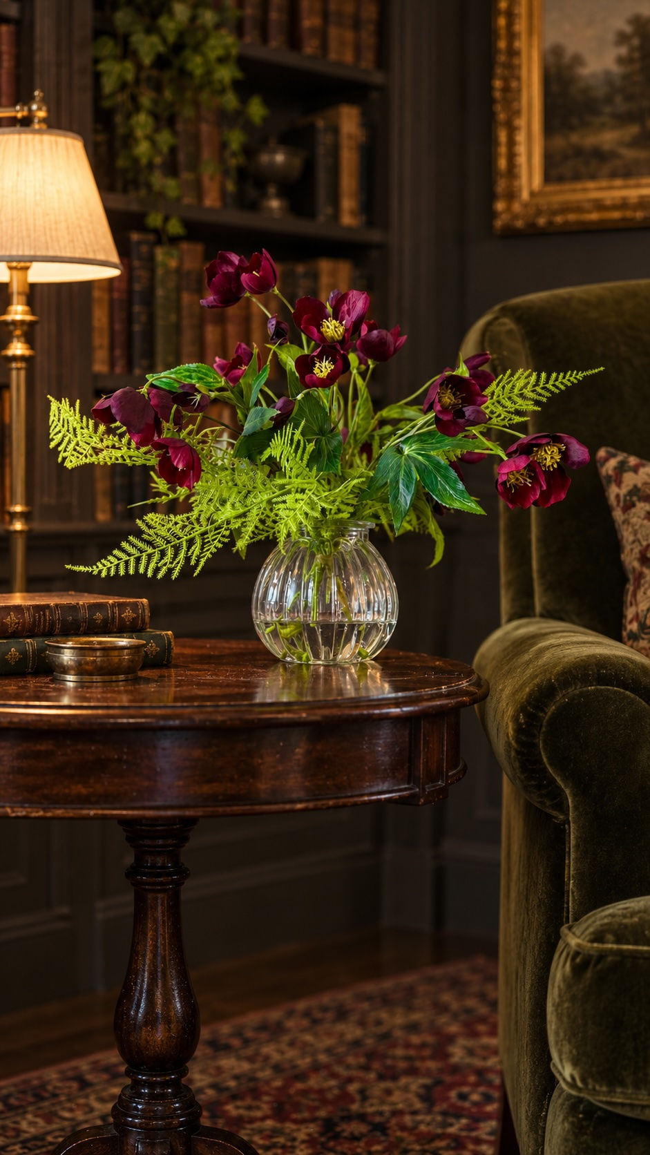 Hellebore Nocturne 360-degree faux water arrangement with realistic burgundy hellebores, golden centres and wild green fern i