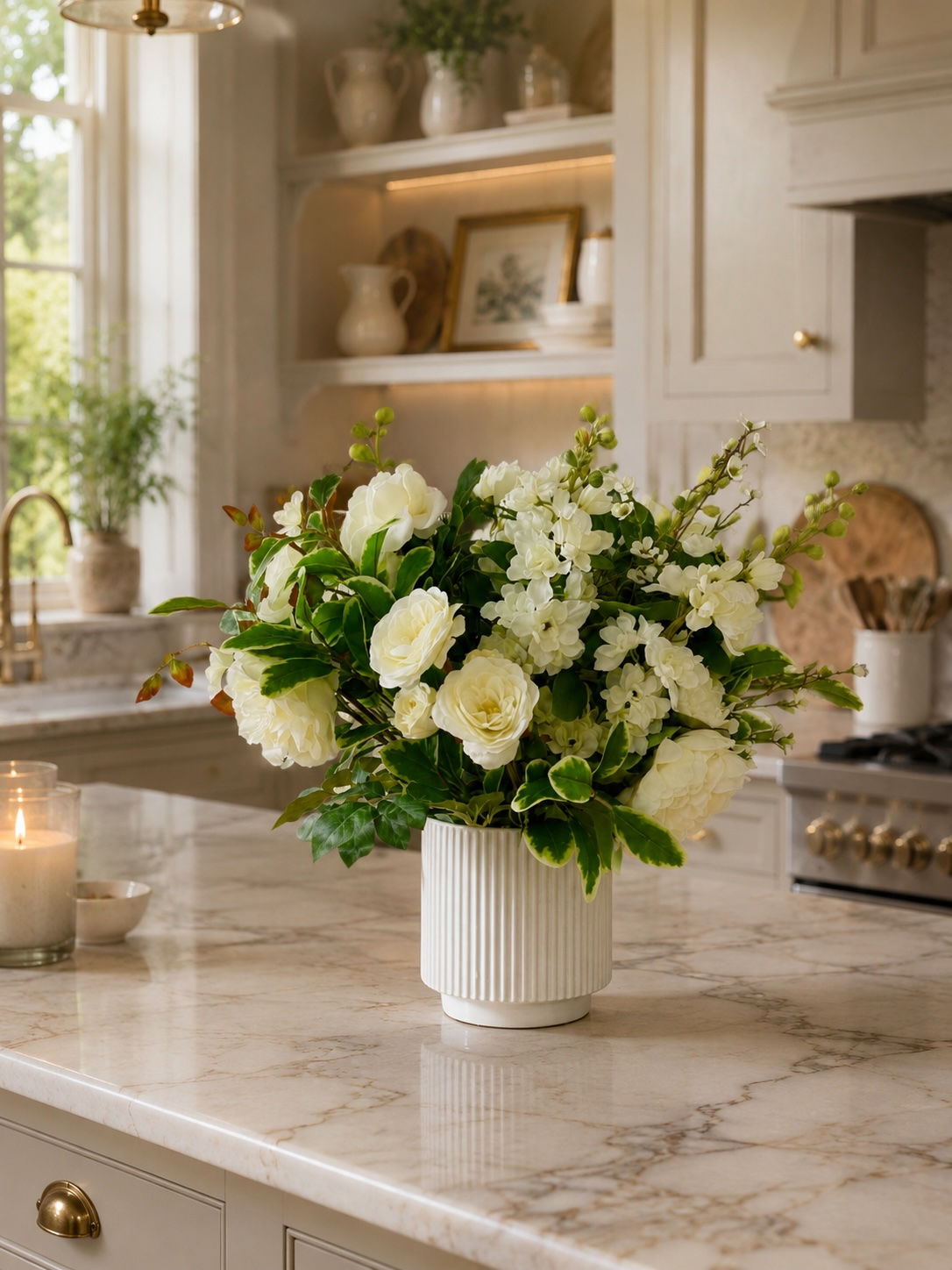 Ivory Garden luxury faux flower arrangement with white delphiniums, garden roses, peonies, spray roses and waxflowers in a wh