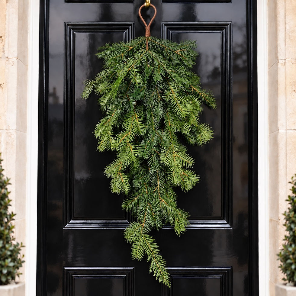 Majestic Spruce 75cm real-touch teardrop swag hanging on a black front door