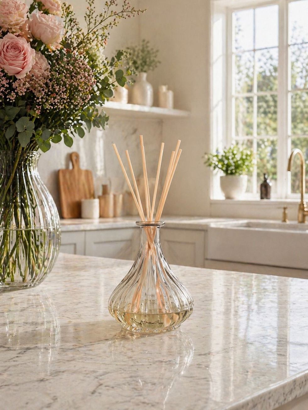 Luxury ribbed glass reed diffuser with natural reeds on marble kitchen island by Whispering Lily