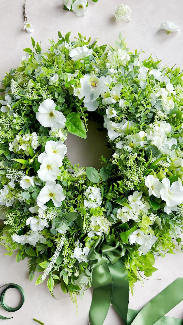 Thumbnail: Luxury white summer wreath with orchids and wild greenery by Whispering Lily
