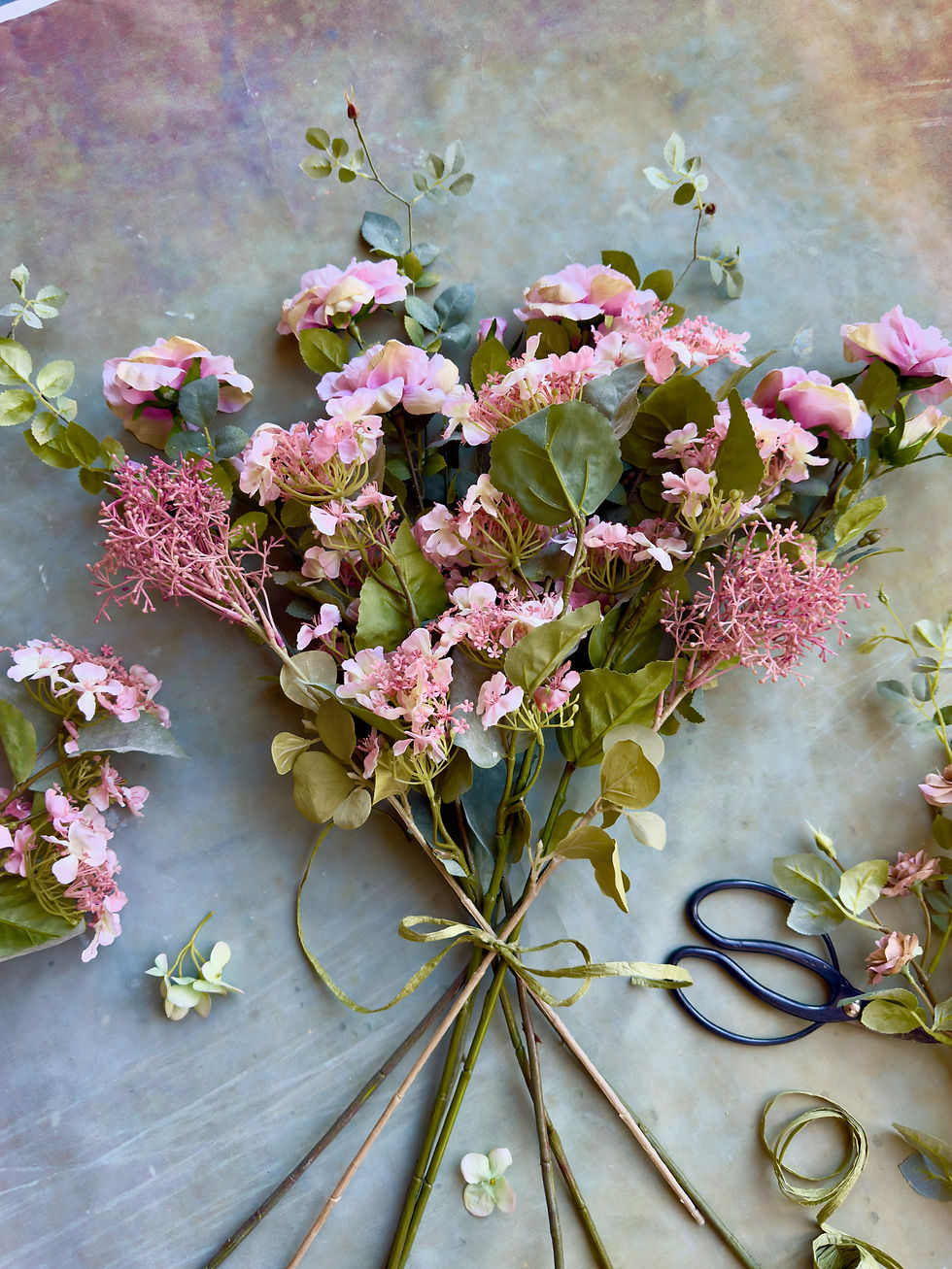 faux pink rose and hydrangea bouquet