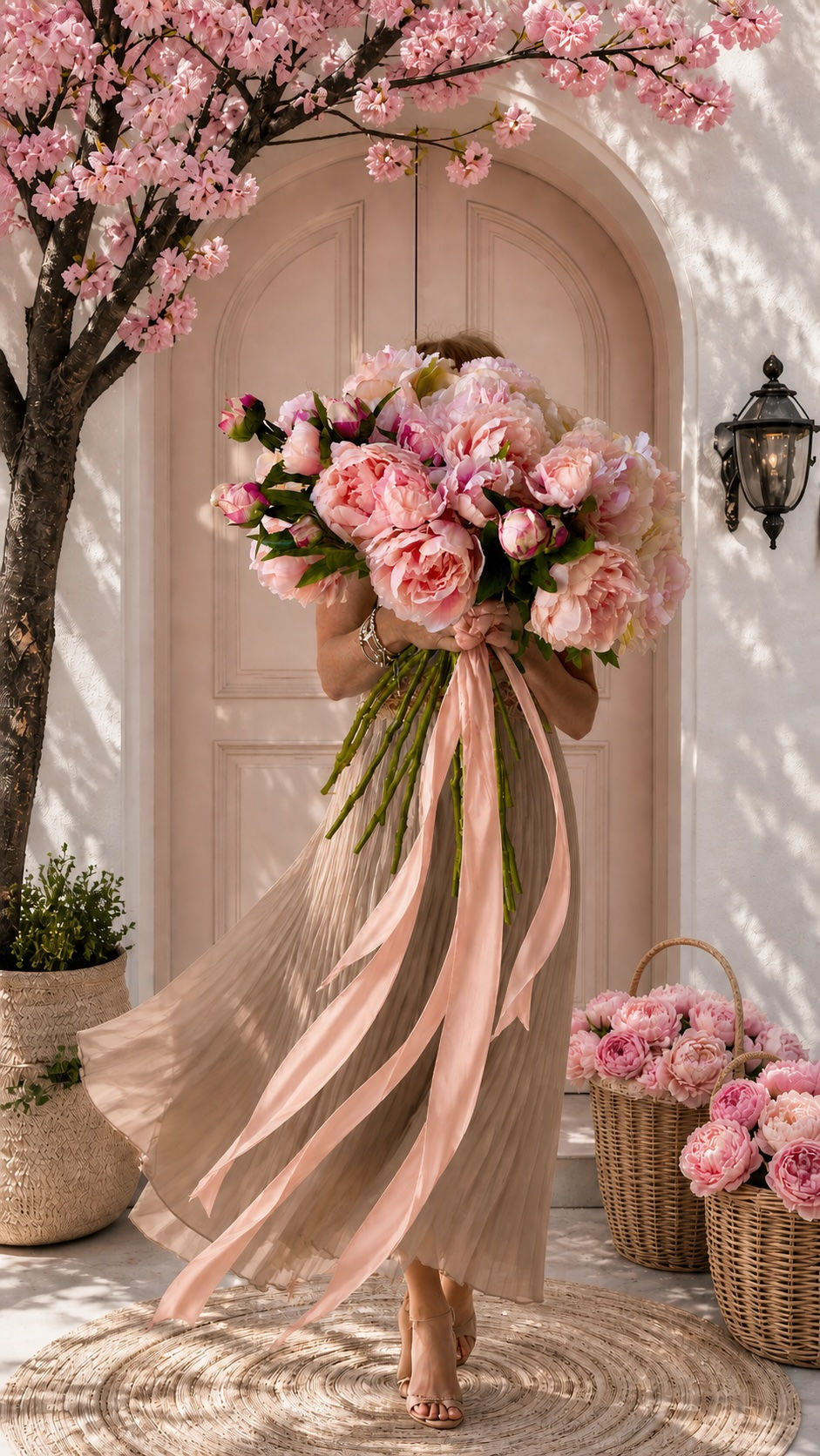 lady holding pink peonies in front of pink doorway