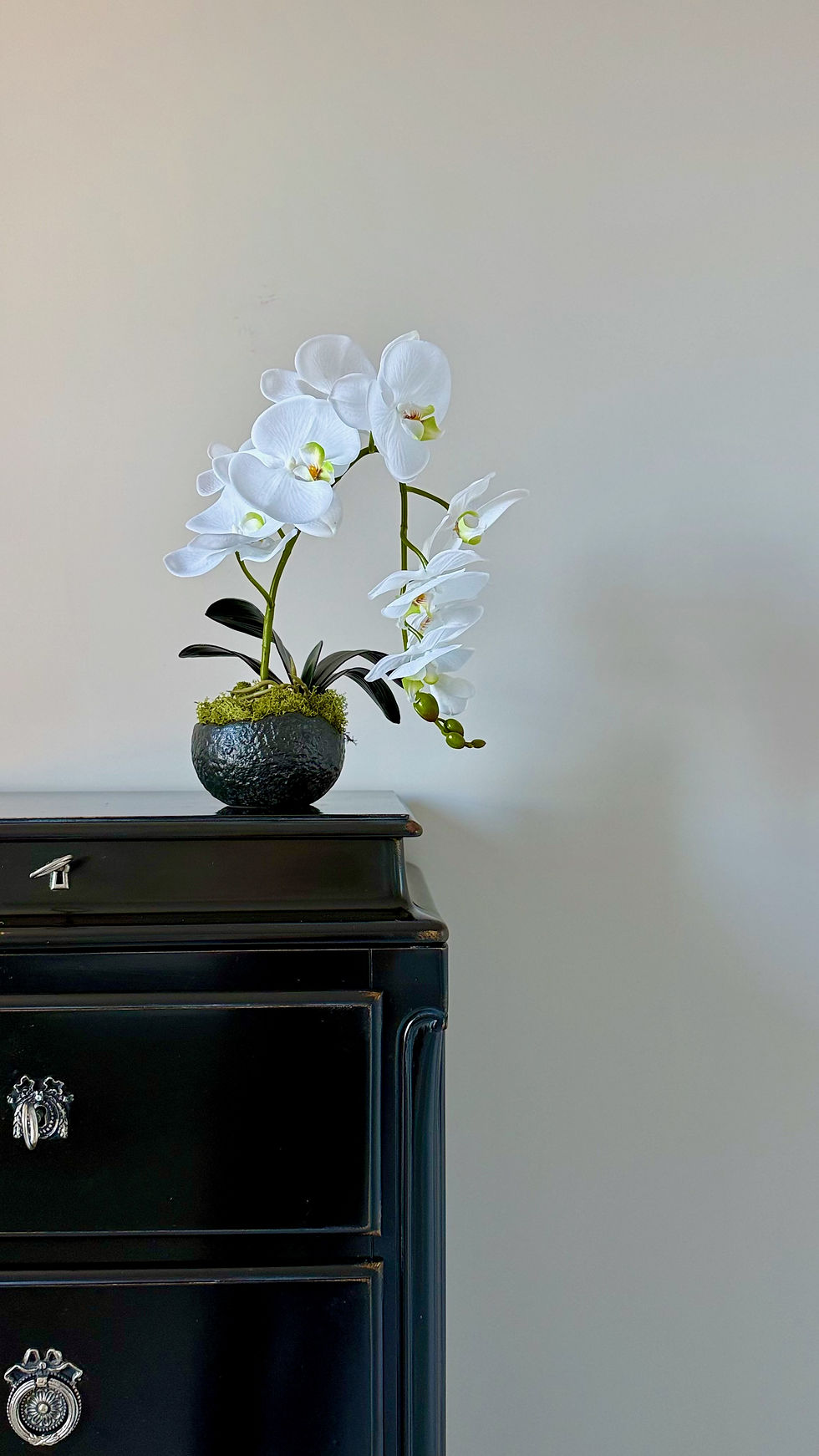 Luxury real touch potted soft white phalaenopsis orchid set in a black ceramic pot, with leaves and roots and green moss