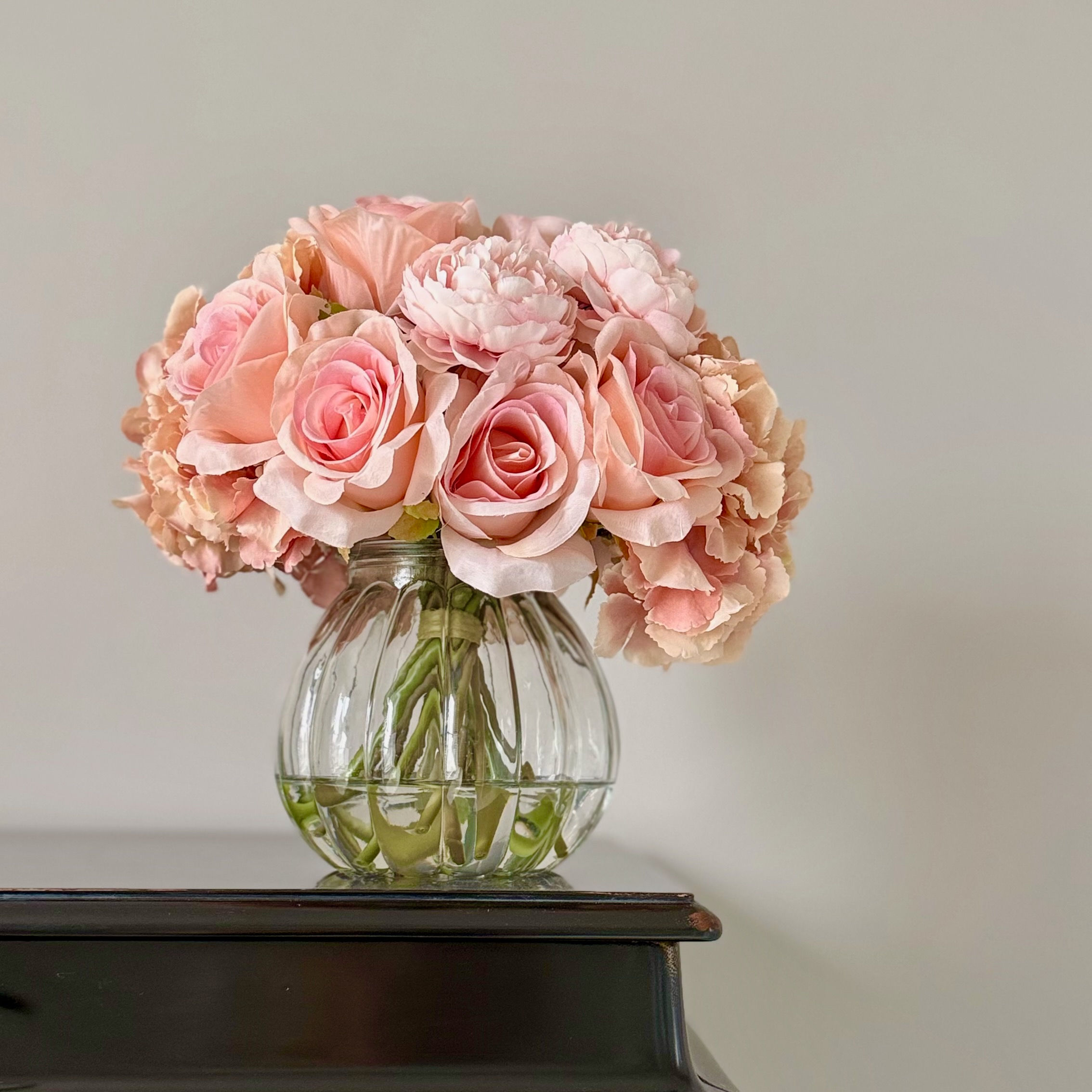 soft-pink-peach-rose-peony-hydrangeas-faux-water-whispering-lily