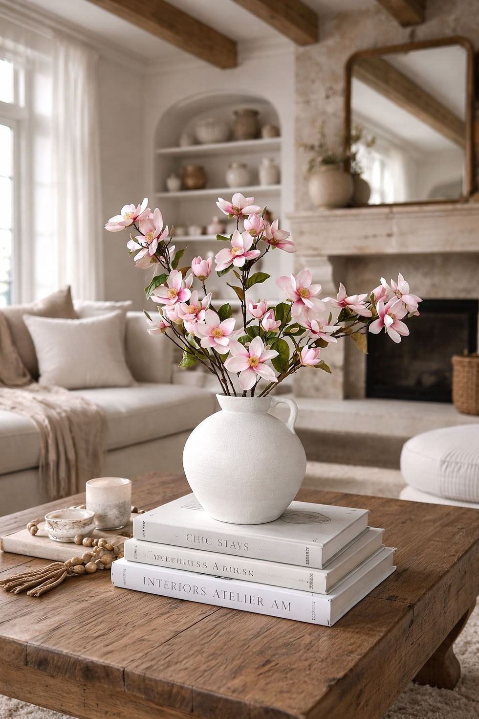soft pink and white magnolia branch - living room decor - whispering-lily
