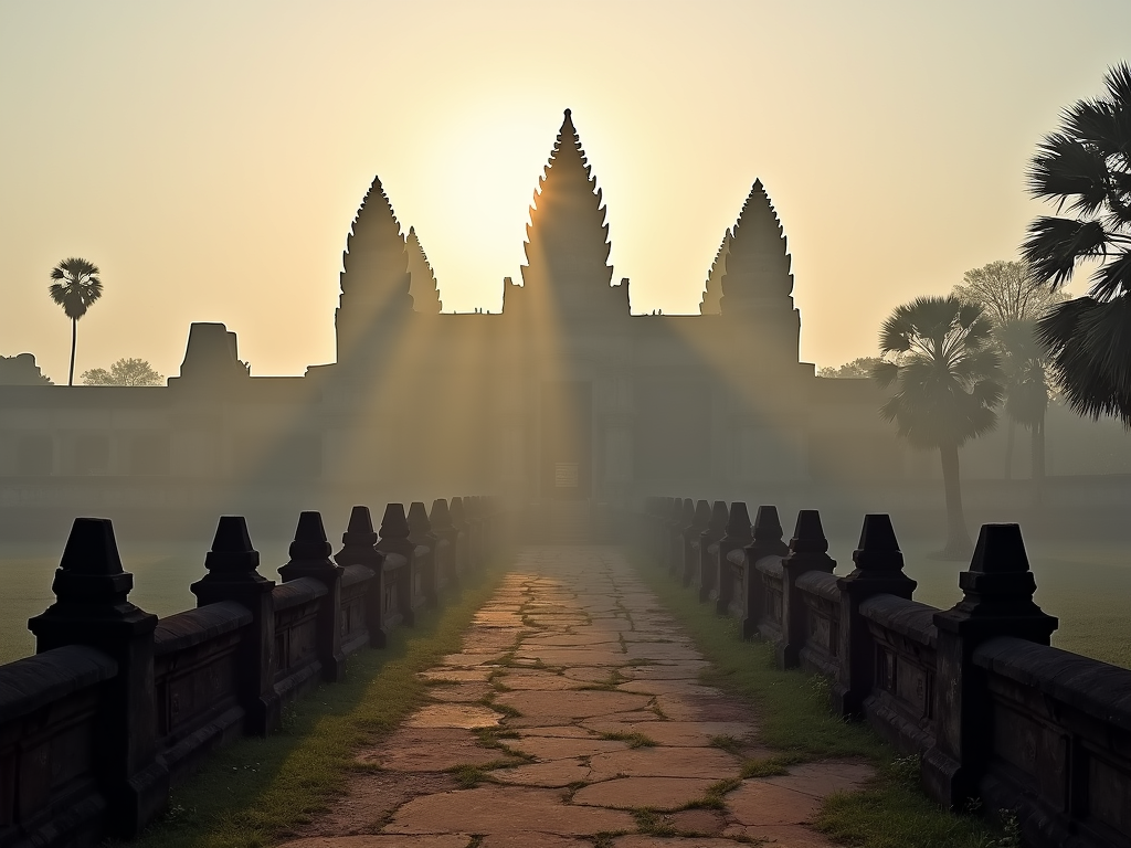Ancient architectural stone structures in Cambodia shrouded in soft morning mist.