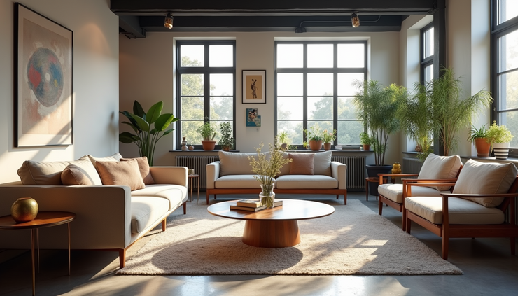 Eye-level view of a modern living room setup with stylish furniture pieces in a Vancouver store