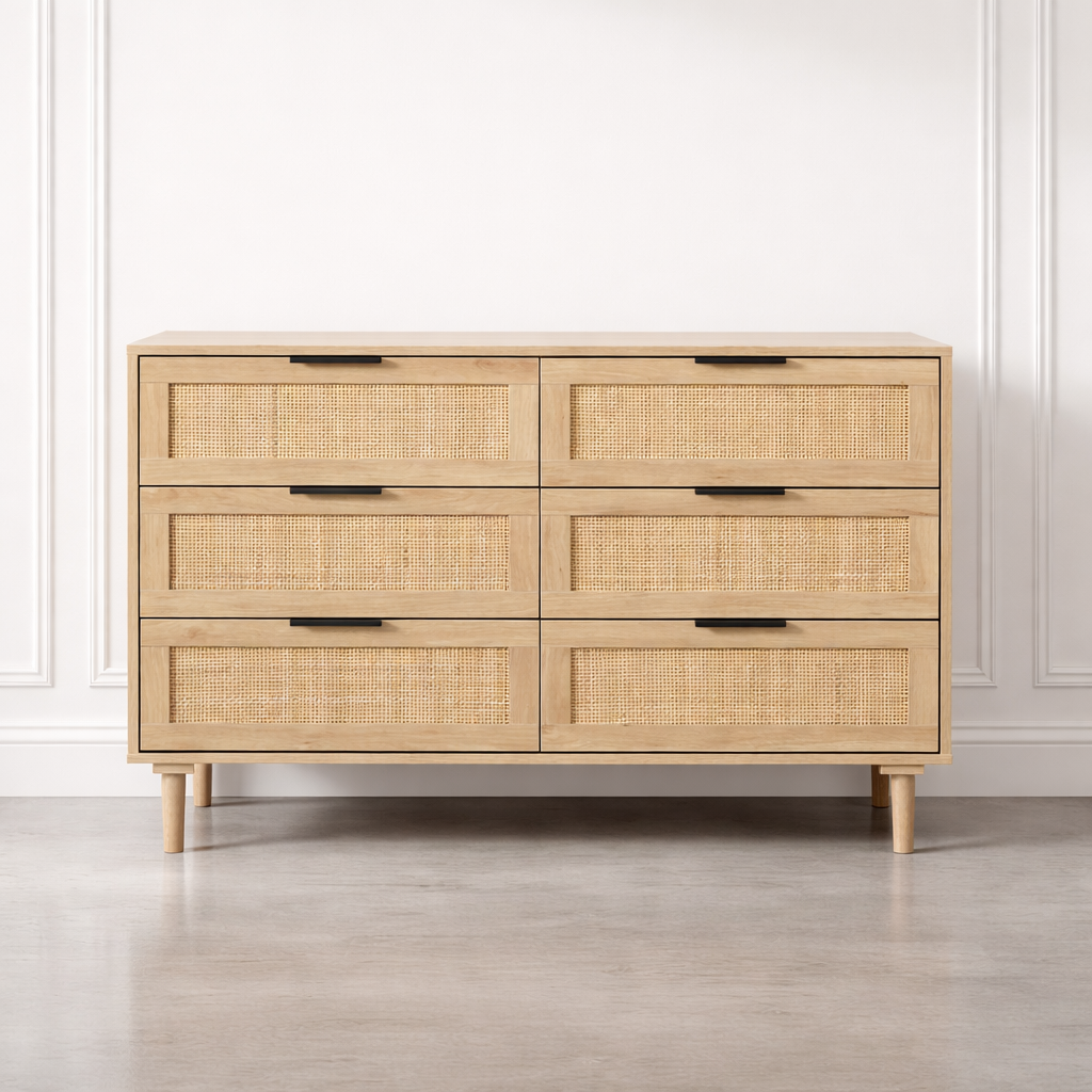 Ezy 6-Drawer Cabinet – Oak & Natural Rattan