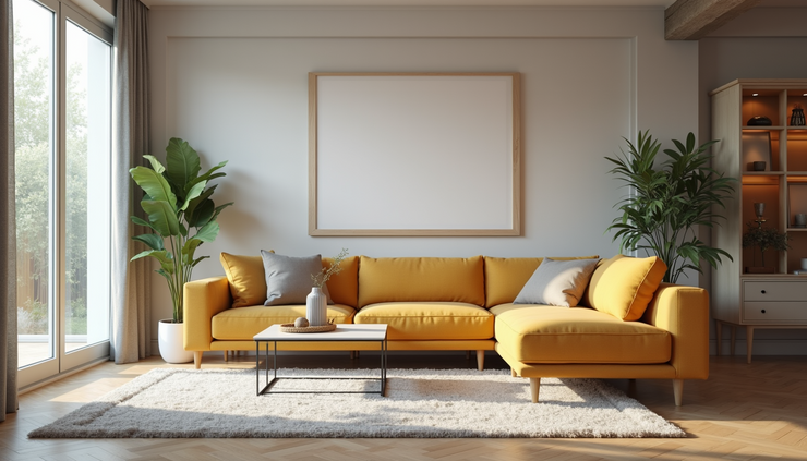 Eye-level view of a cozy sectional sofa in a bright showroom
